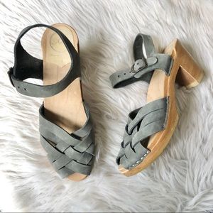 No. 6 | Gray Nubuck Suede Leather Criss Cross Strappy Clog Wood Heel Sandals